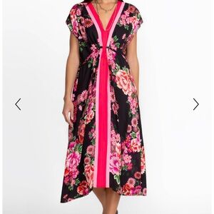 Johnny Was Black V-Neck Kaftan with Pink Floral Design
